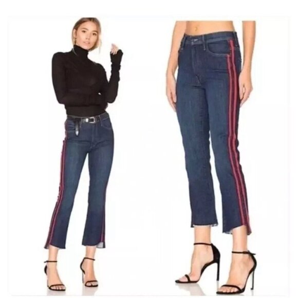MOTHER Denim - Mother Insider Step Crop Fray Jeans in Speed Racer Blue Red Side Stripe Size 26
